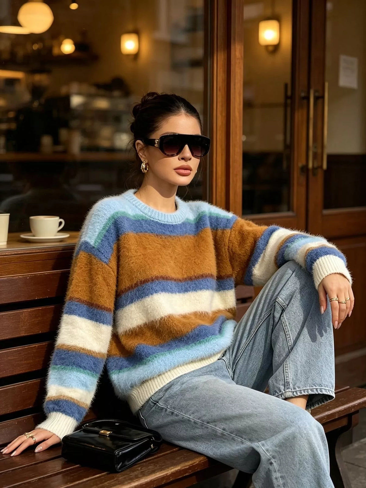 Fuzzy Striped Crew Neck Sweater in Blue, view 4