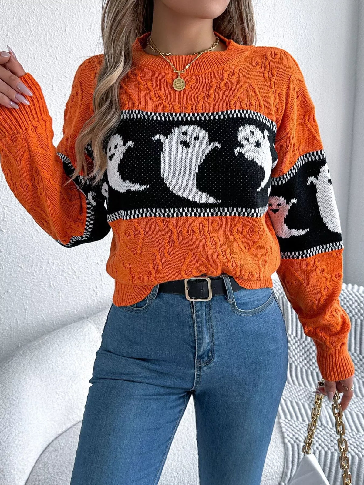 Halloween Ghost Pattern Textured Sweater