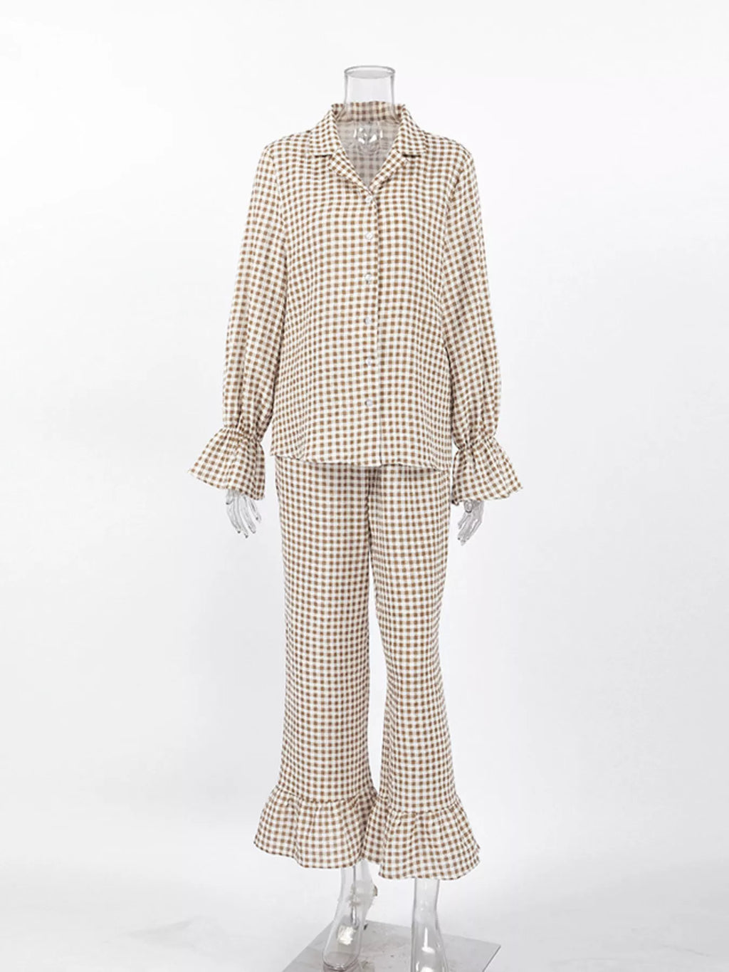 Gingham Ruffle-Trim Top and Pants Lounge Set - Lilixa.store