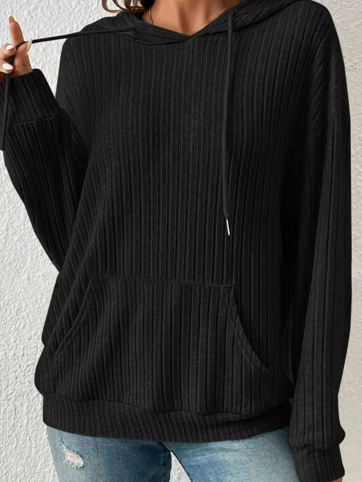 Ribbed Knit Long Sleeve Drawstring Hoodie - Lilixa.store
