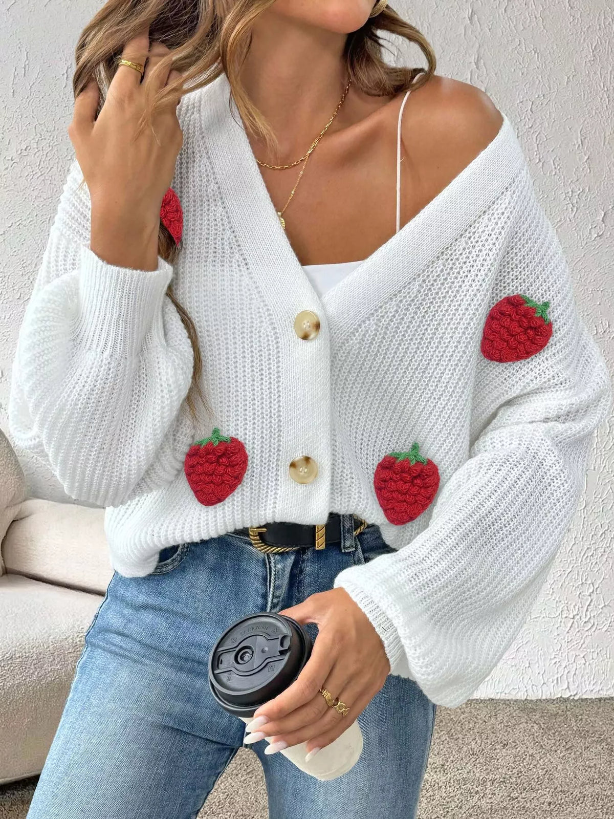 Strawberry Applique Button Up Cardigan - Lilixa.store