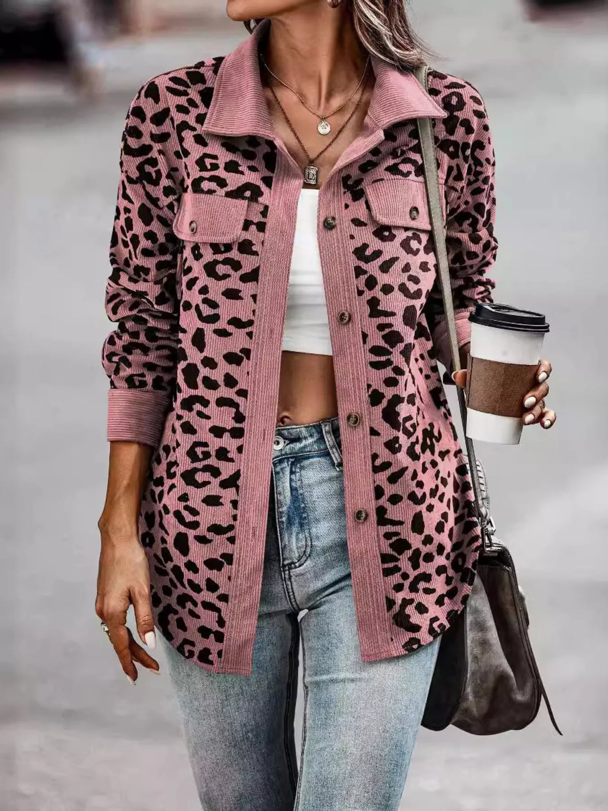 Full Size Leopard Print Button-Down Jacket Plus Size, view 17