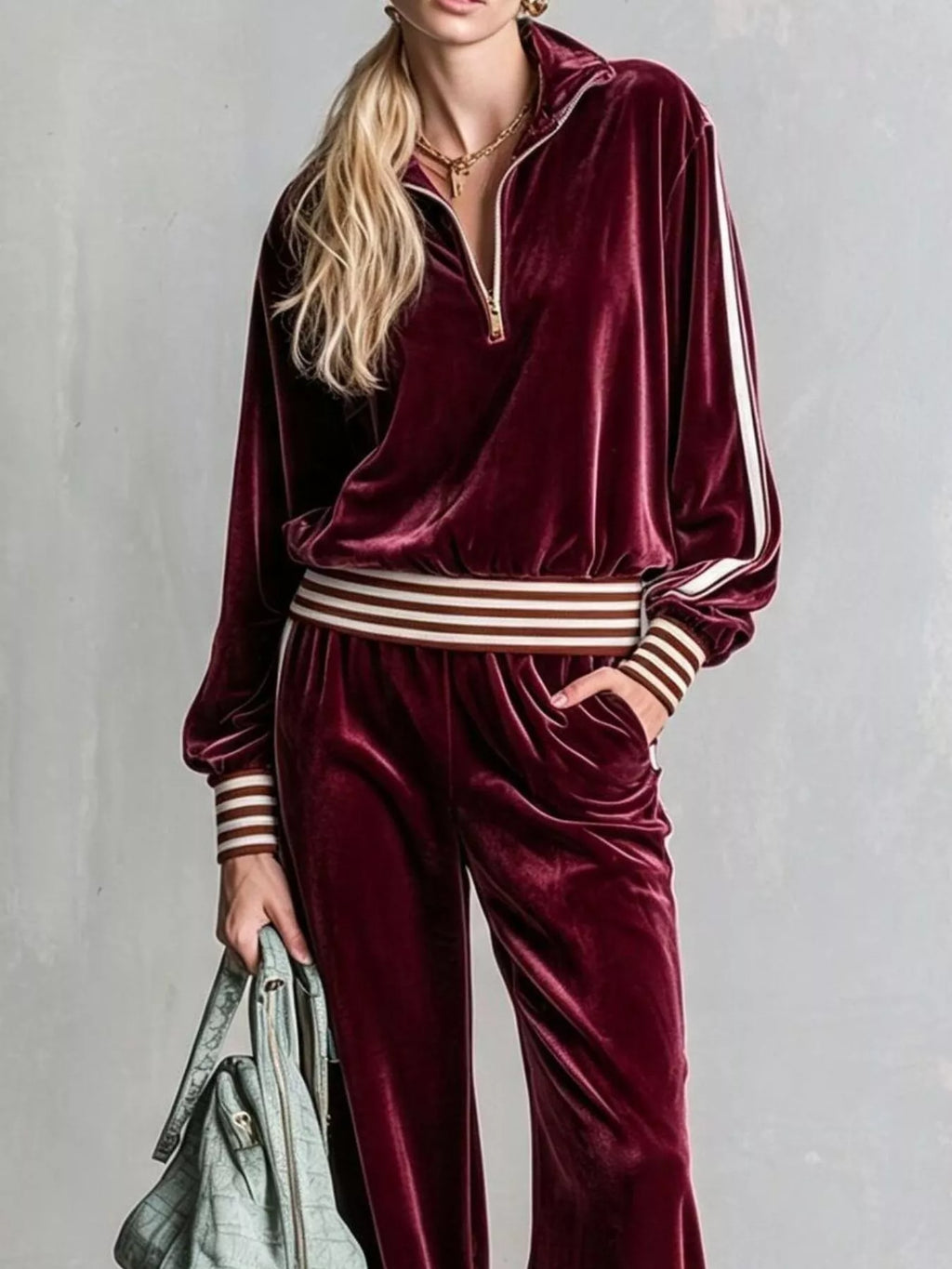 Striped Half Zip Top and Pants Set - Lilixa.store