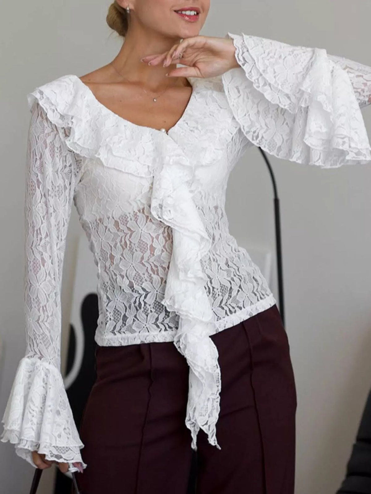 Lace V-Neck Flare Sleeve Blouse in White, view 6