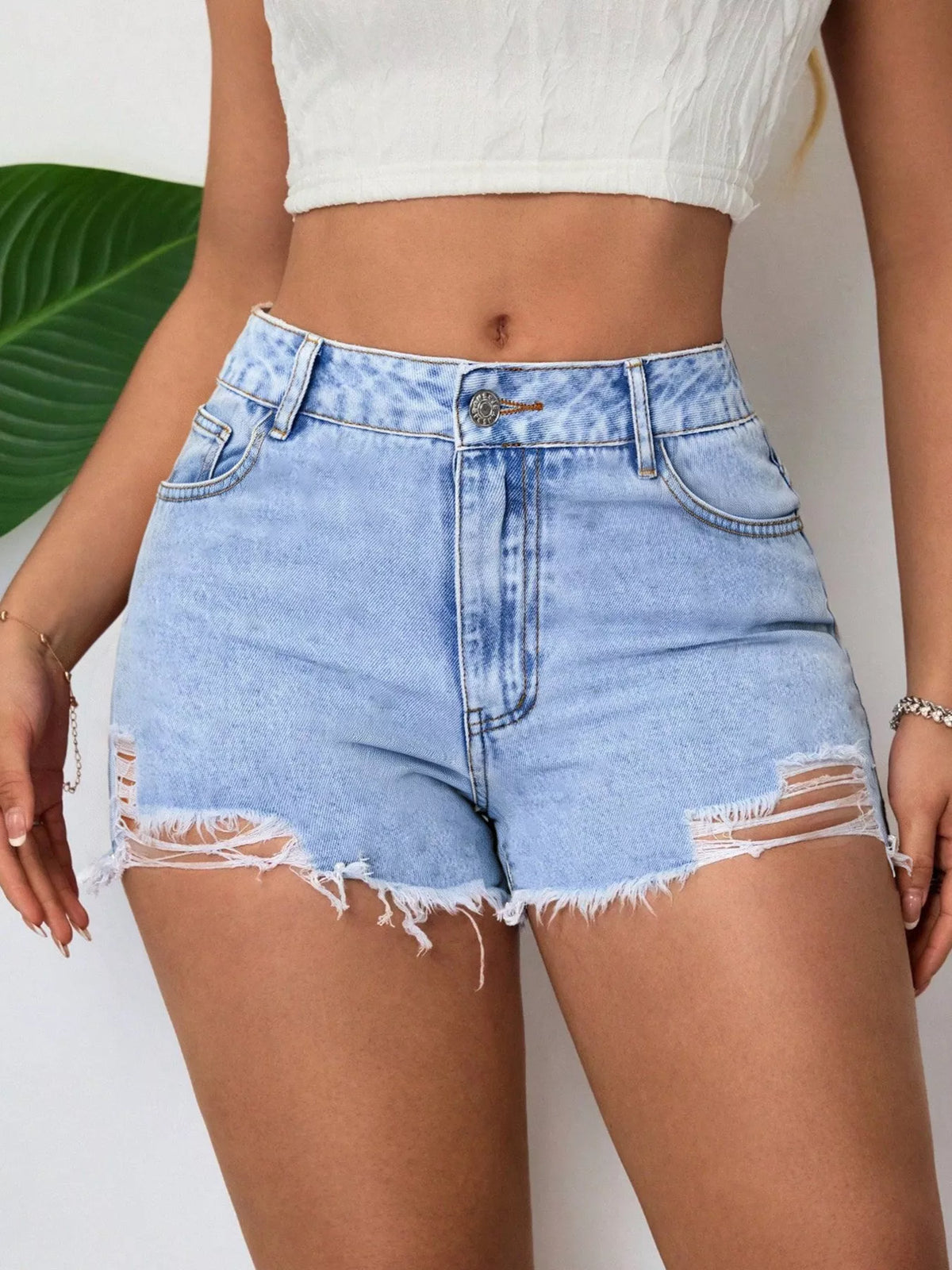 Distressed Raw Hem Denim Shorts - Lilixa.store