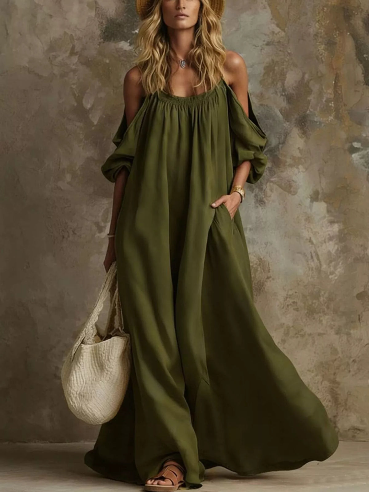 Full Size Cold-Shoulder Linen Maxi Dress Plus Size - Lilixa.store