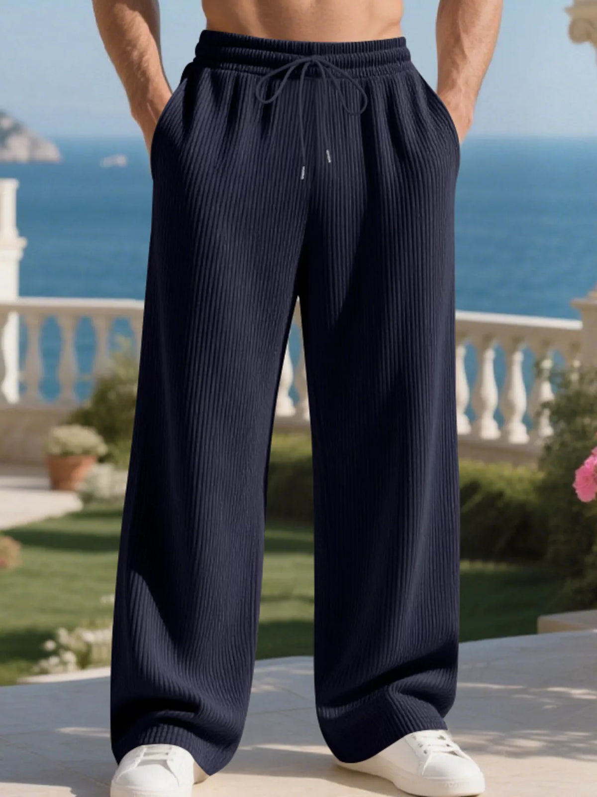 Men's Full Size Relaxed Fit Drawstring Pants Plus Size in Navy Blue