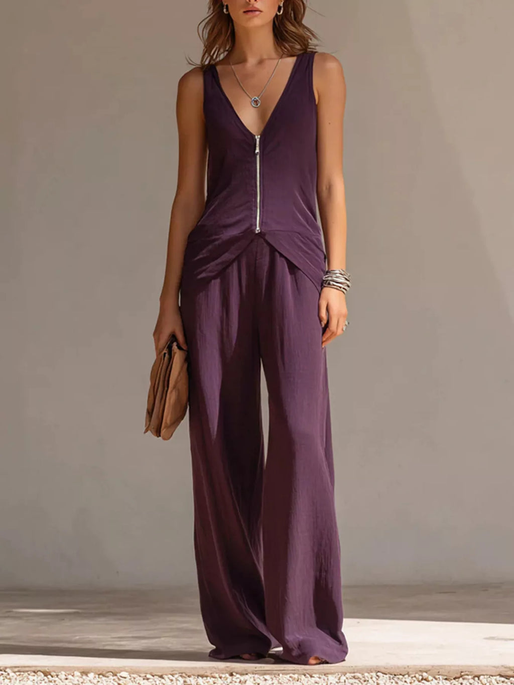 Full Size Zipper Front Tank and Wide-Leg Pants Set Plus Size - Lilixa.store