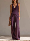 Full Size Zipper Front Tank and Wide-Leg Pants Set Plus Size - Lilixa.store