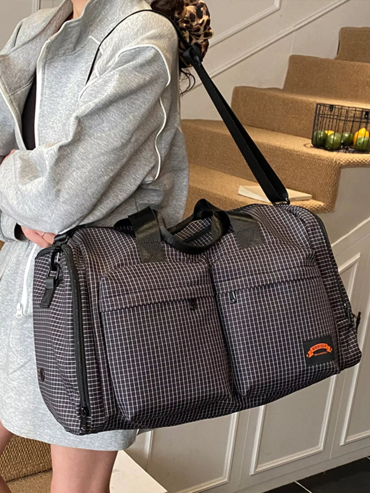 Plaid Duffel Bag with Multiple Pockets - Lilixa.store