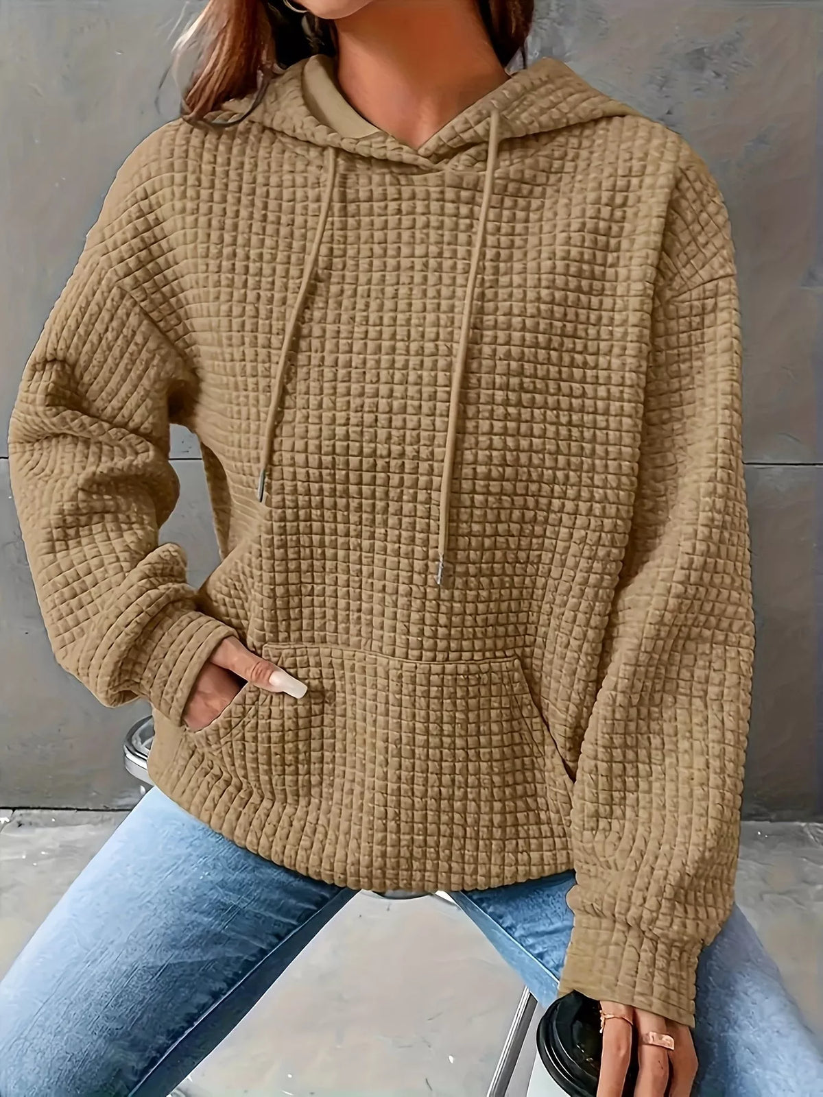 Textured Knit Drawstring Hoodie - Lilixa.store