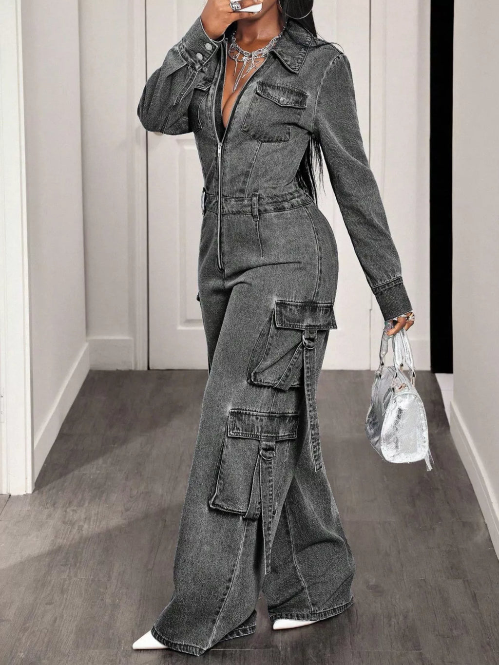 Zip Front Wide Leg Denim Jumpsuit - Lilixa.store