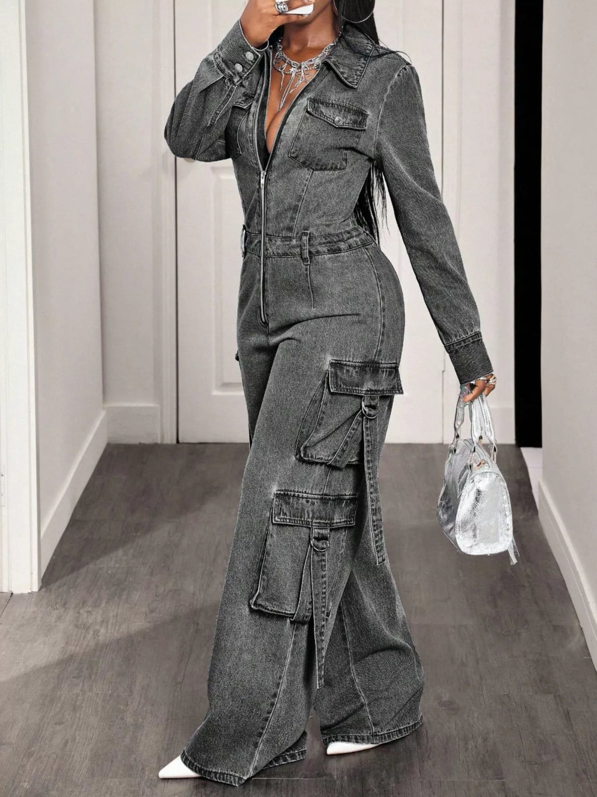 Zip Front Wide Leg Denim Jumpsuit