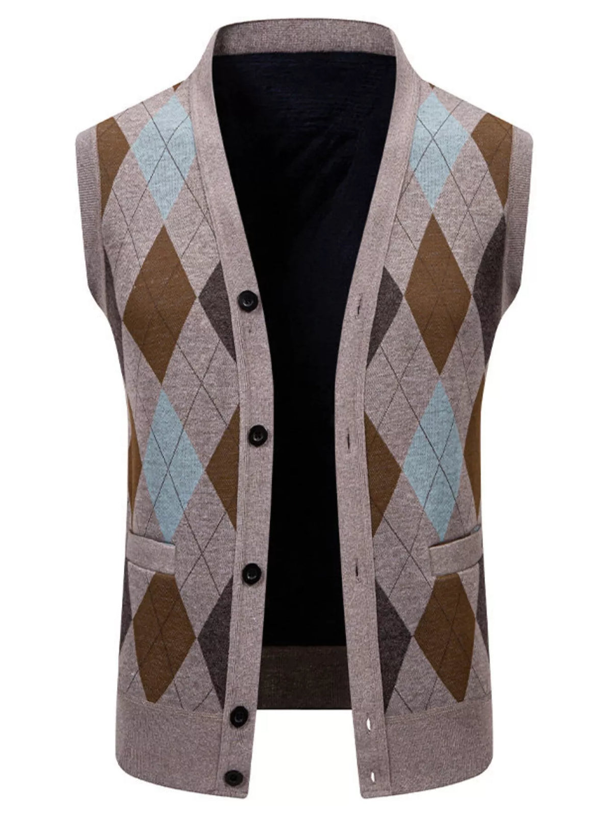 Men's Plus Size Argyle Pattern V-Neck Button-Down Cardigan Vest - Lilixa.store