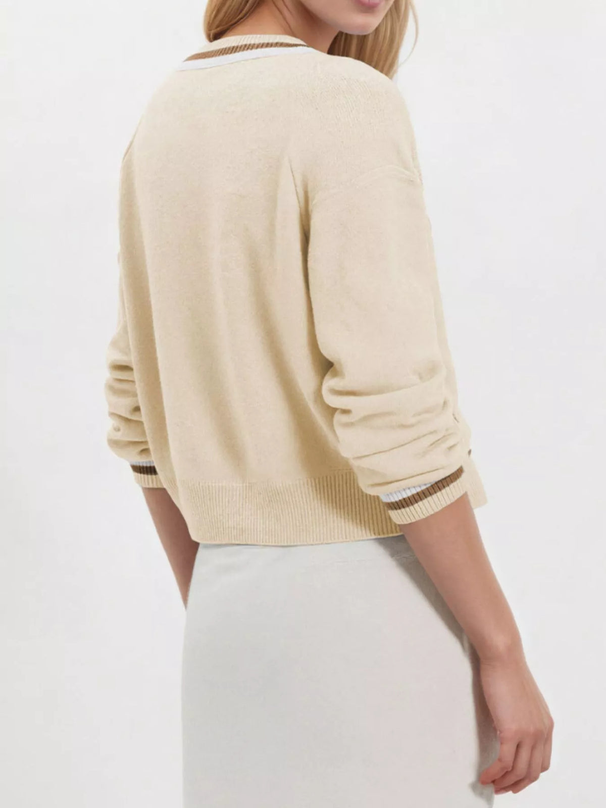 Striped Trim Button-Down Cardigan - Lilixa.store