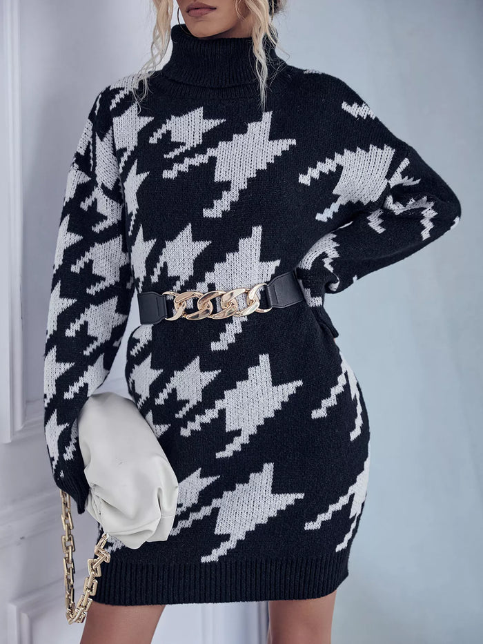 Houndstooth Pattern Turtleneck Sweater Dress in Black