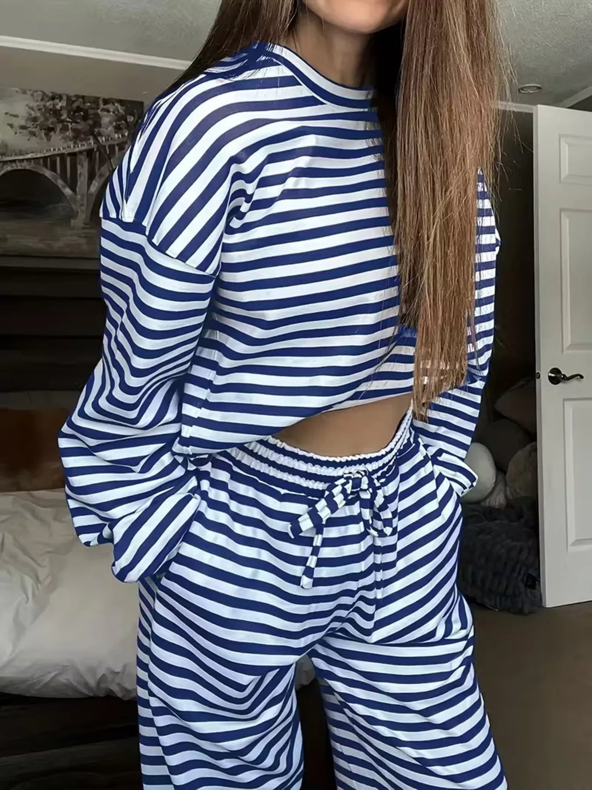 Striped Long Sleeve Top and Pants Set in Blue