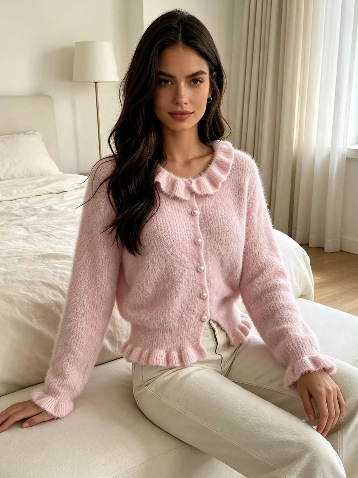 Soft Fuzzy Cardigan with Ruffled Collar and Pearl Buttons, view 2