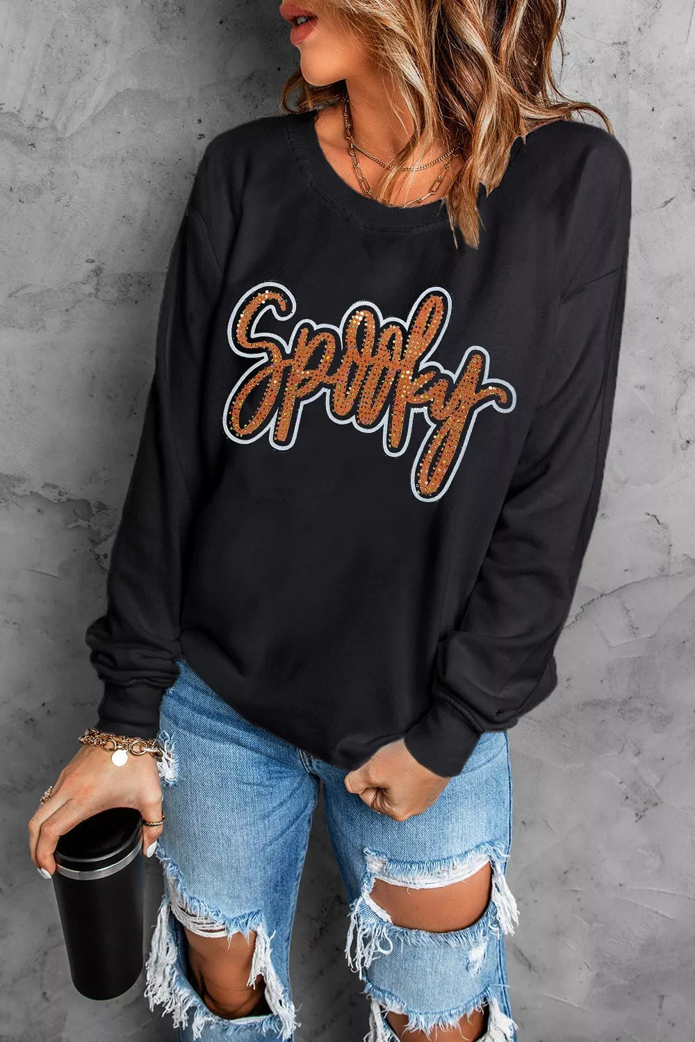 Spooky Rhinestone Drop Shoulder Sweatshirt - Lilixa.store