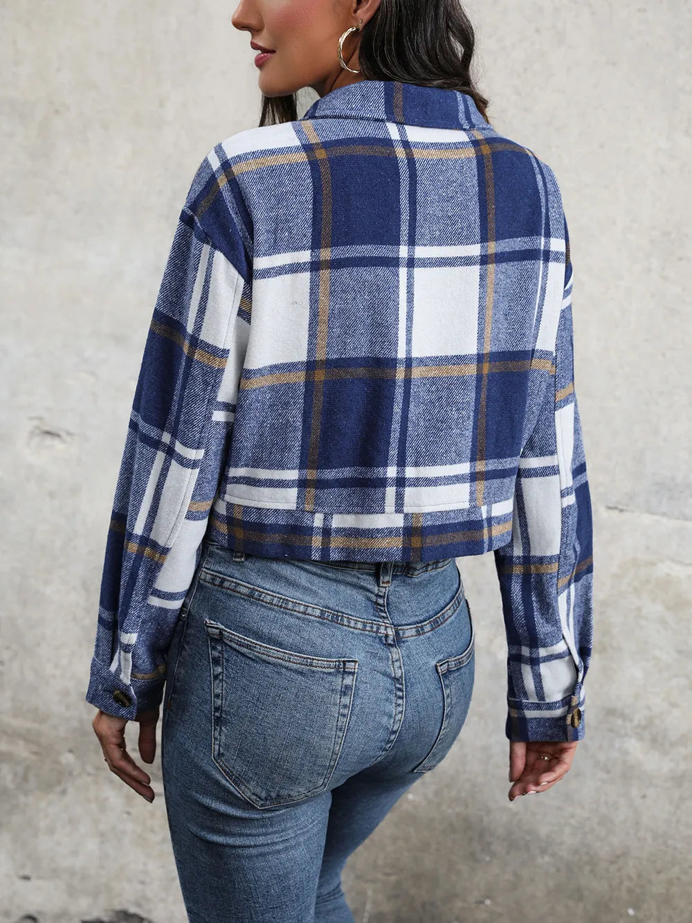 Perfee Plaid Button Up Drop Shoulder Cropped Jacket, view 9