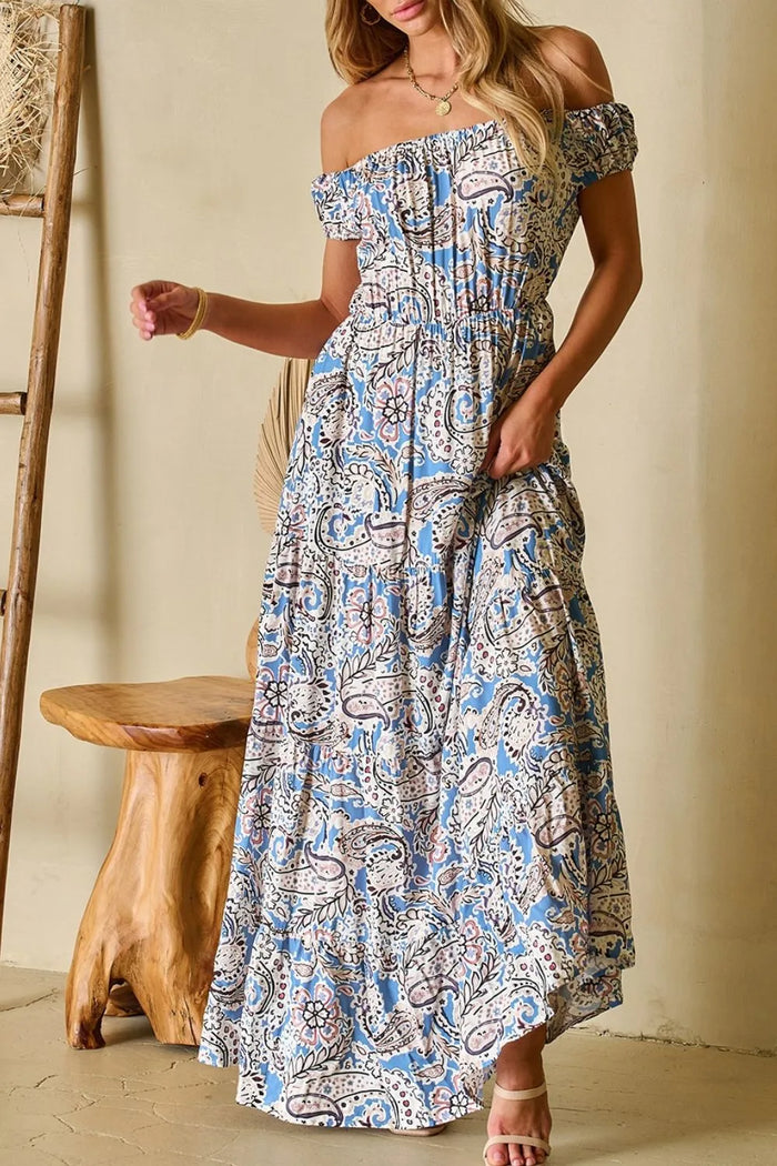 Boho Paisley Print Off Shoulder Maxi Dress - Lilixa.store