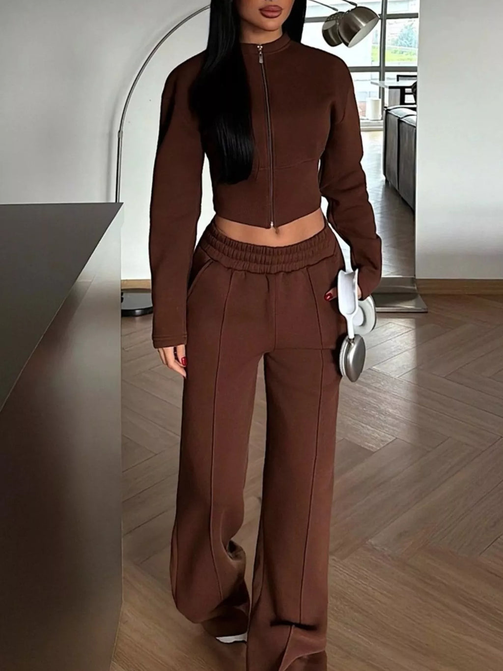 Zip-Up Crop Jacket and Wide-Leg Pants Set - Lilixa.store