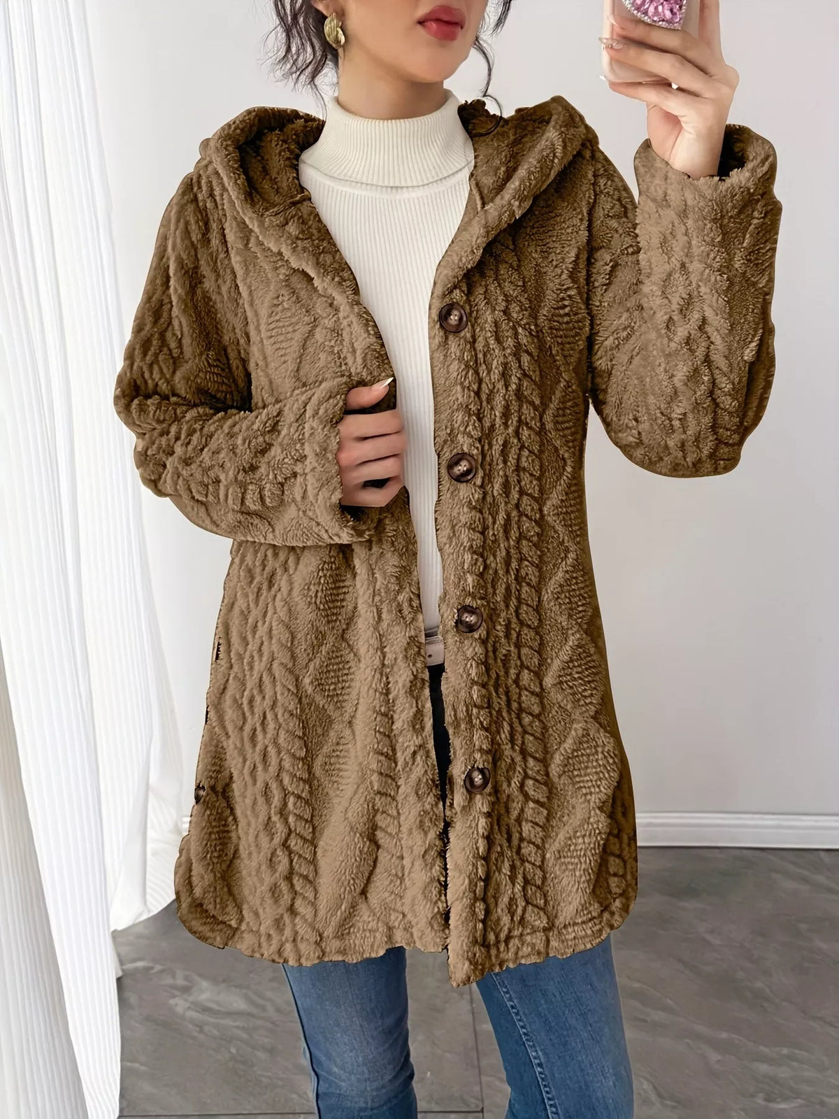 Full Size Button-Down Hooded Outerwear Plus Size in Camel