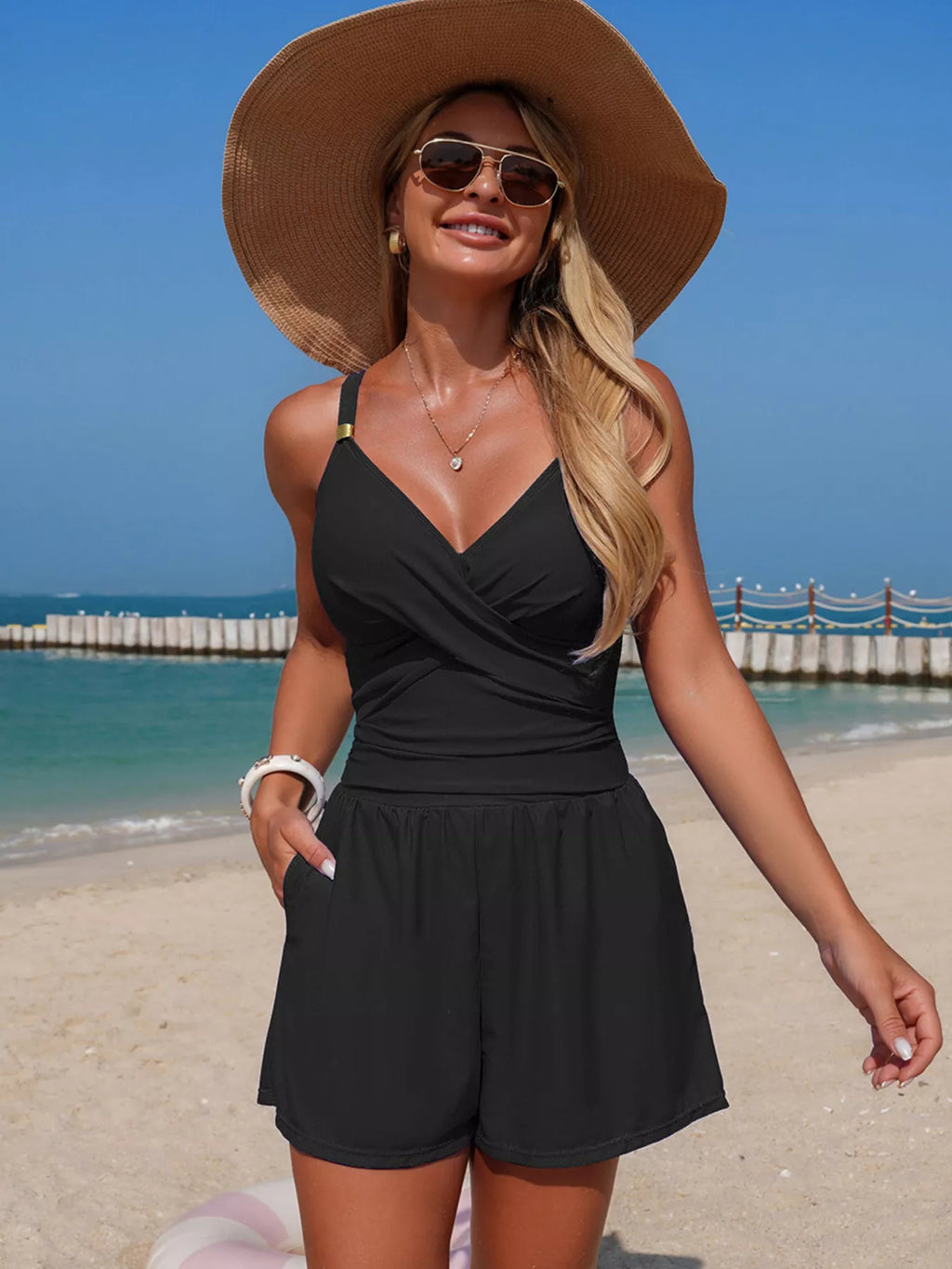 V-Neck Spaghetti Strap One-Piece Swimsuit - Lilixa.store