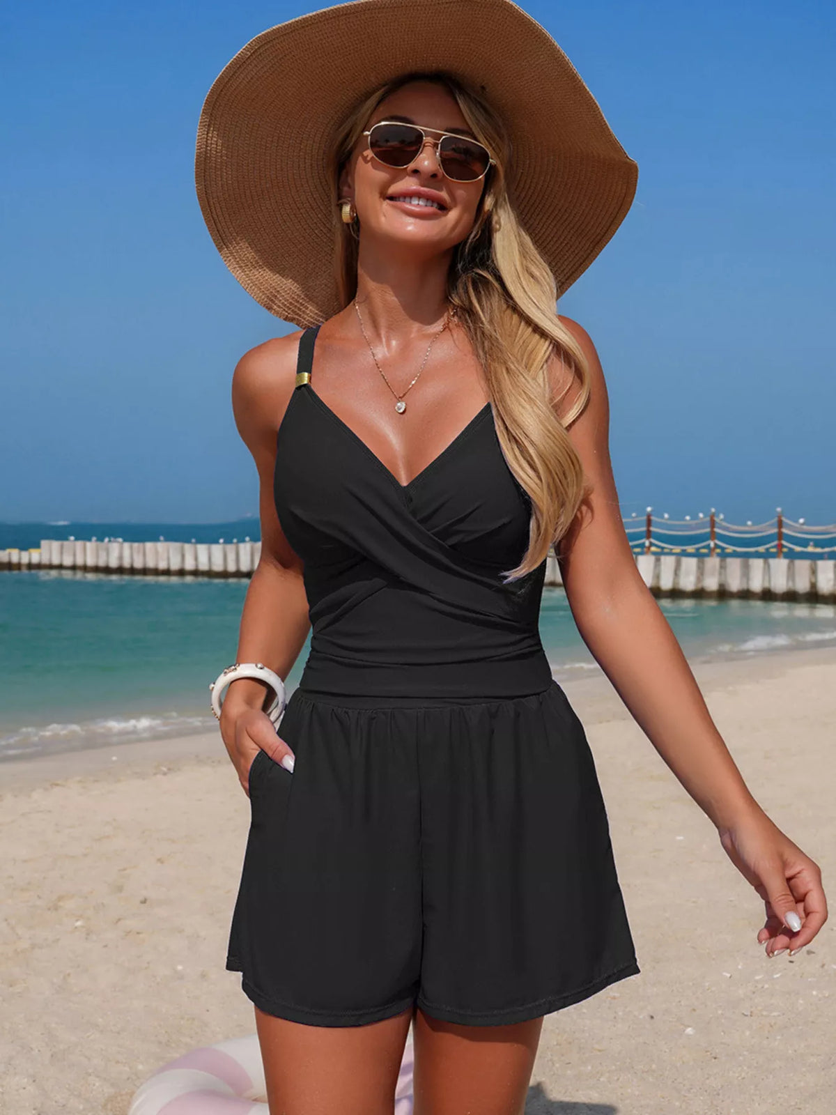 V-Neck Spaghetti Strap One-Piece Swimsuit - Lilixa.store