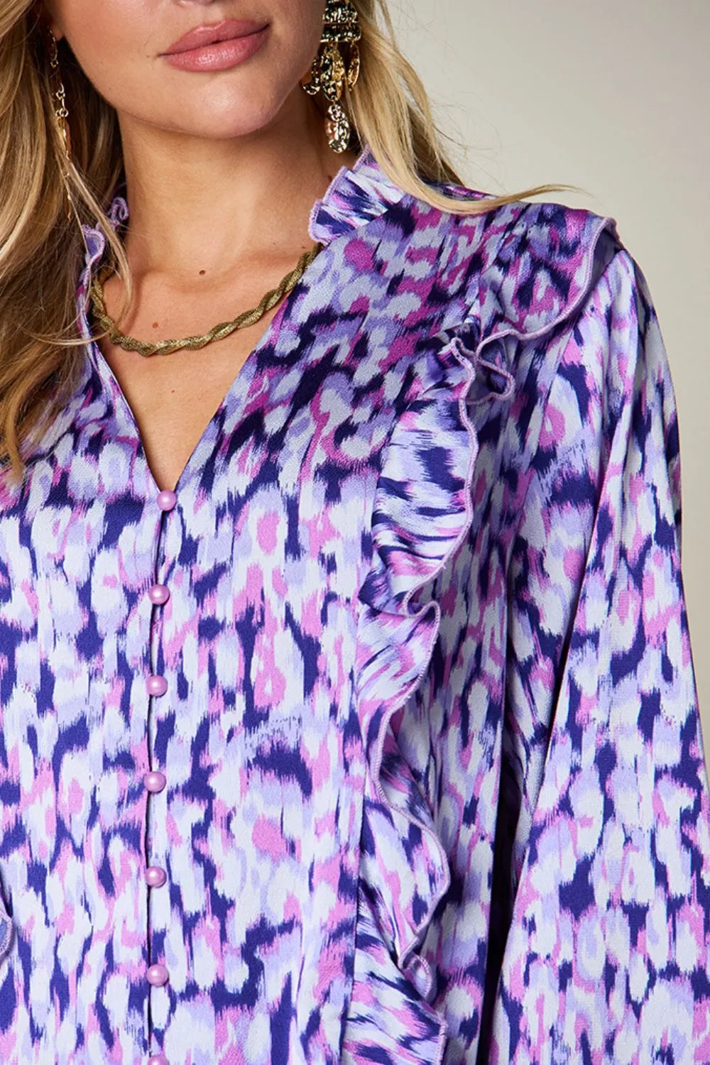 Double Take Full Size Printed Ruffle Trim Balloon Sleeve Shirt Plus Size - Lilixa.store