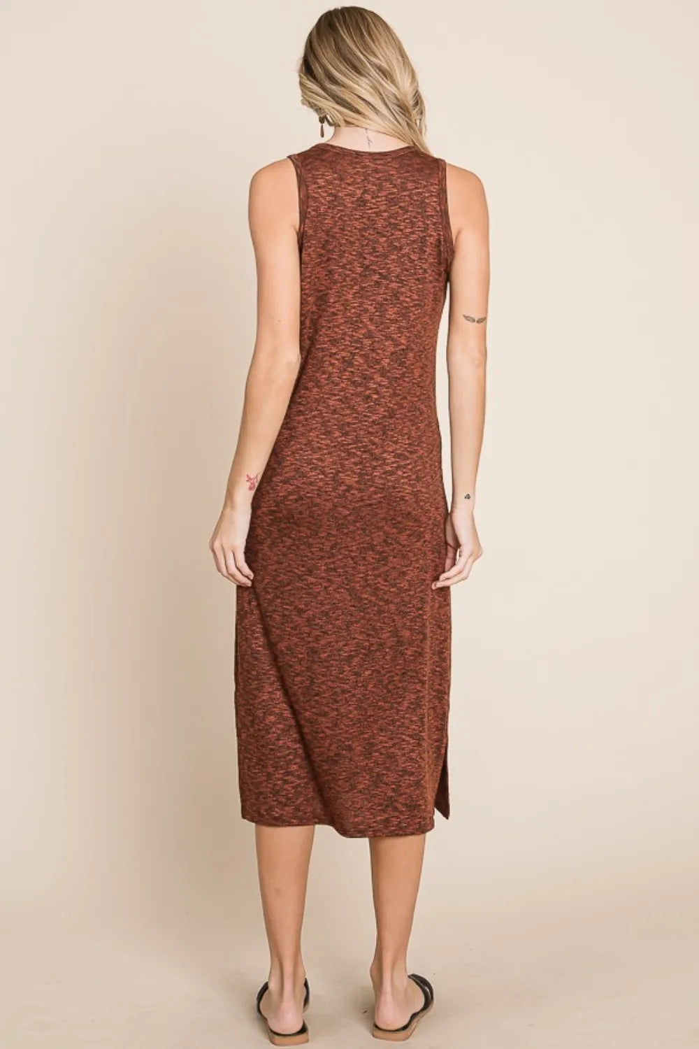 BOMBOM Slit Round Neck Sleeveless Midi Dress - Lilixa.store