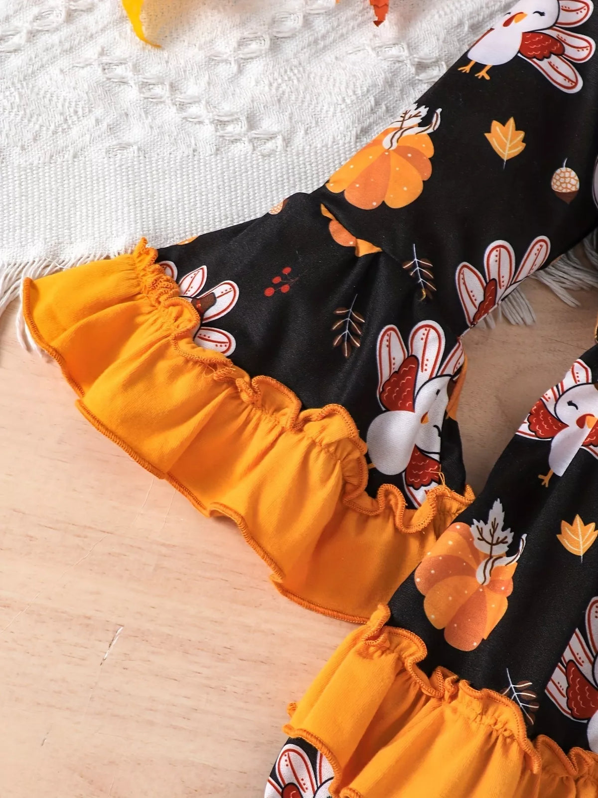 Children's Thanksgiving Turkey Print Ruffle Hem Long Sleeve Dress in Black, view 5