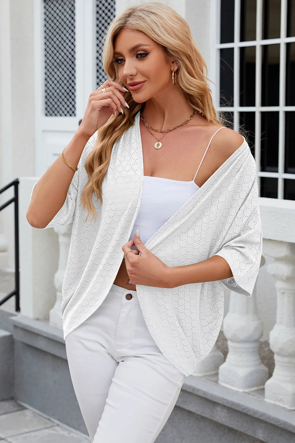 Eyelet Open Front Half Sleeve Cardigan - Lilixa.store