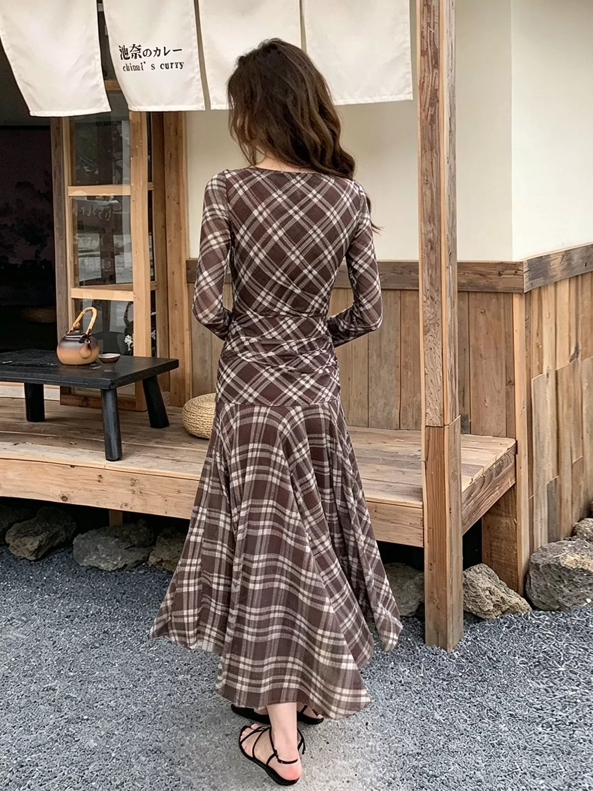 Plaid Long-Sleeve Slim-Fit Maxi Dress - Lilixa.store