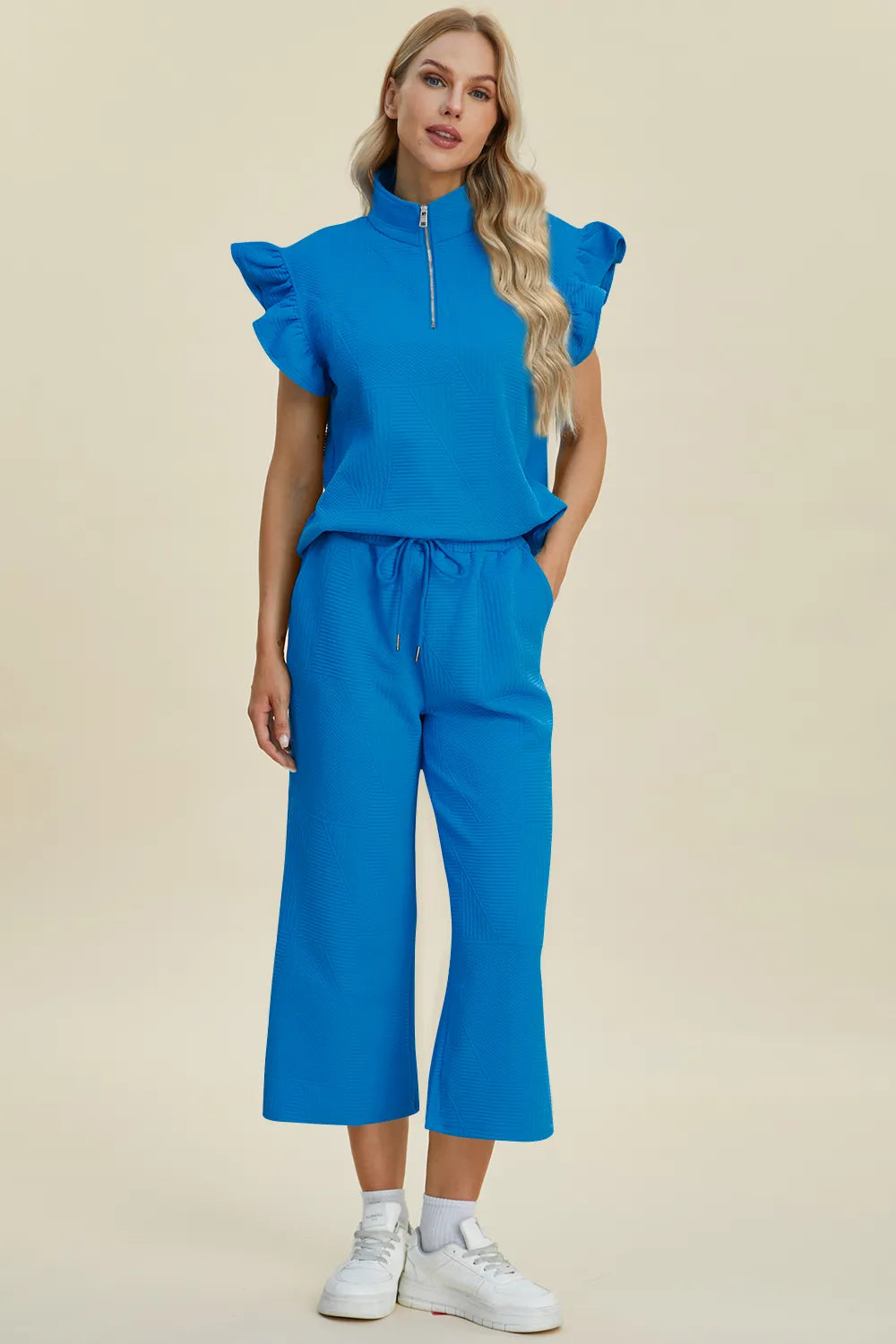 Double Take Full Size Texture Ruffle Short Sleeve Top and Wide Leg Pants Set in Sky Blue