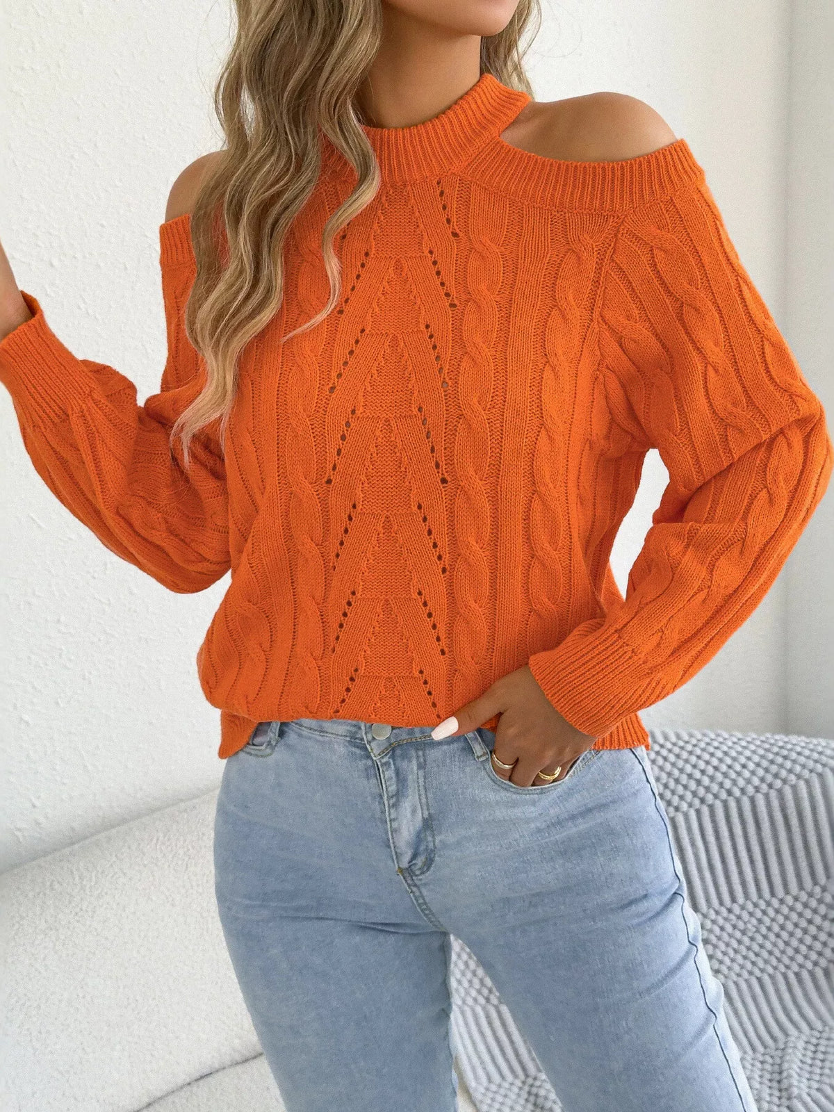 Cold Shoulder Cable Knit Sweater