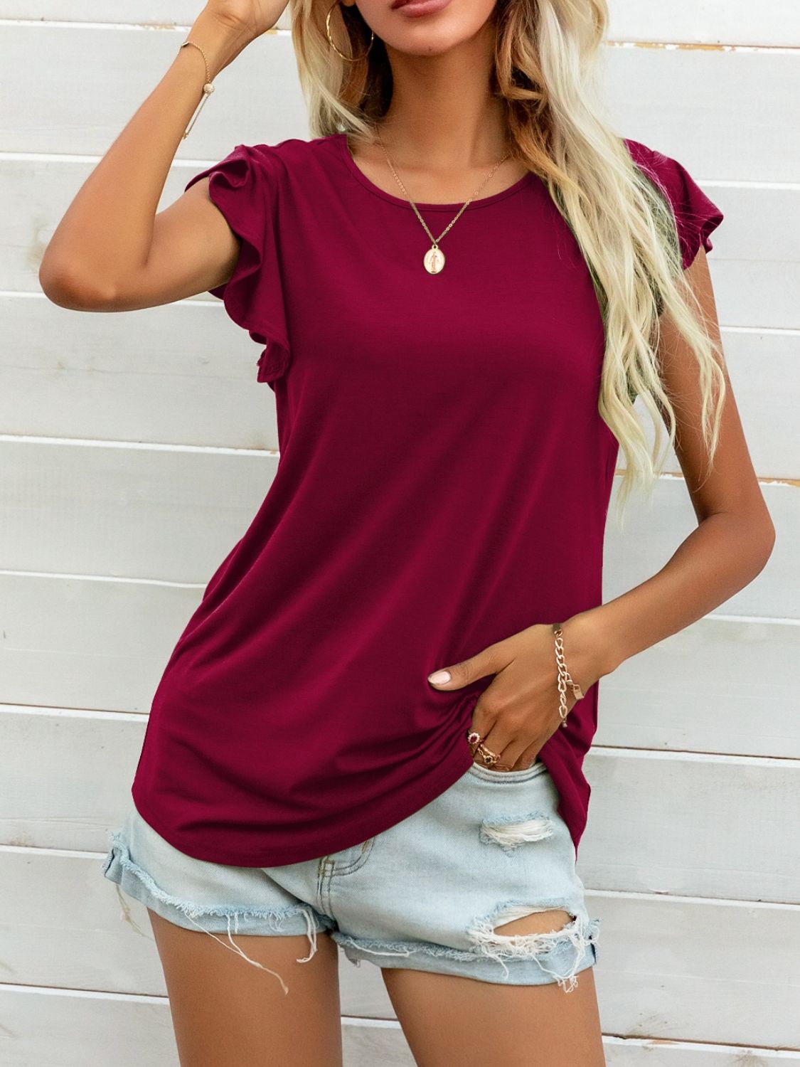 Round Neck Butterfly Sleeve Top - Lilixa.store