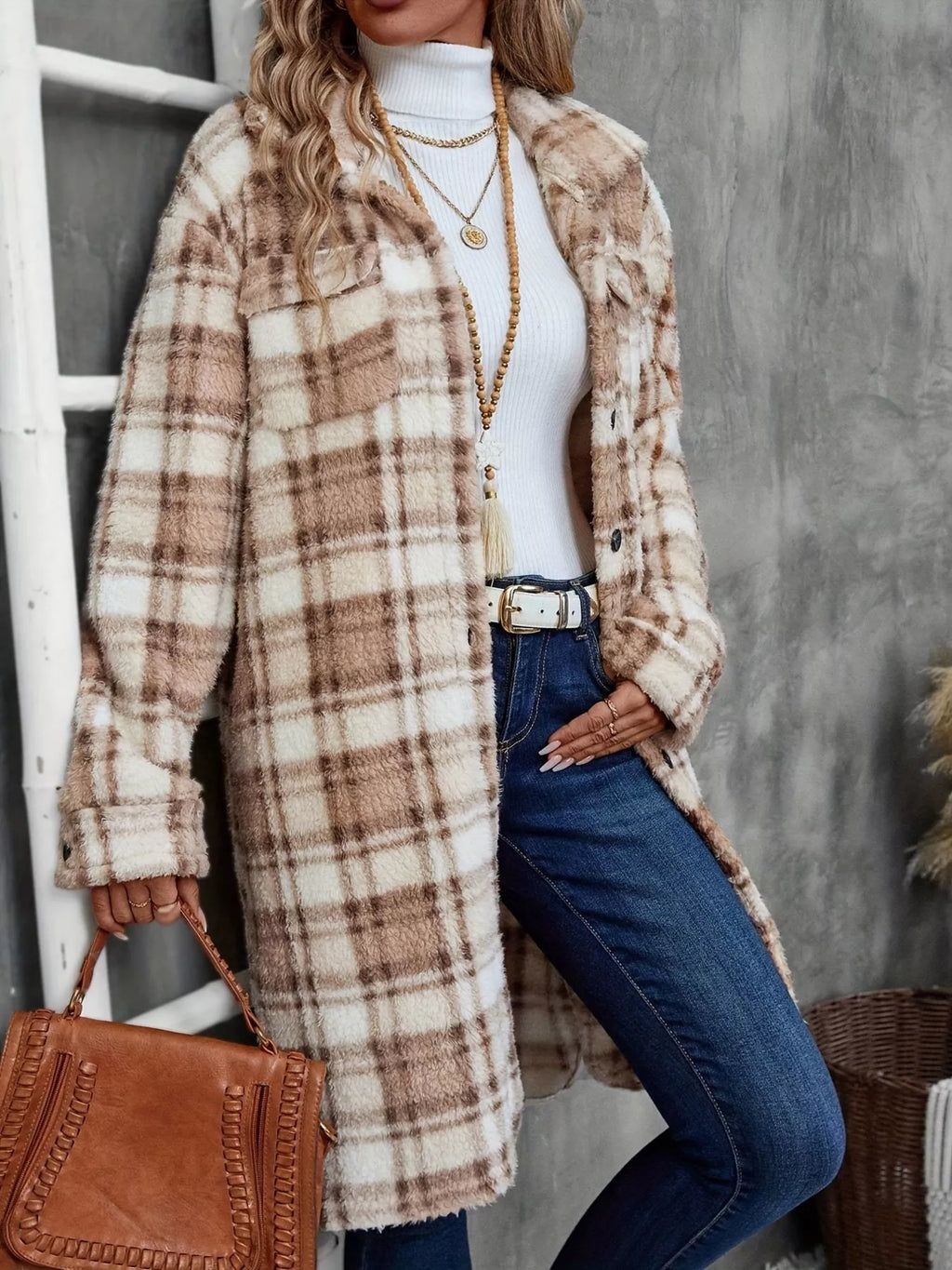 Plaid Fleece Button Up Longline Outerwear - Lilixa.store