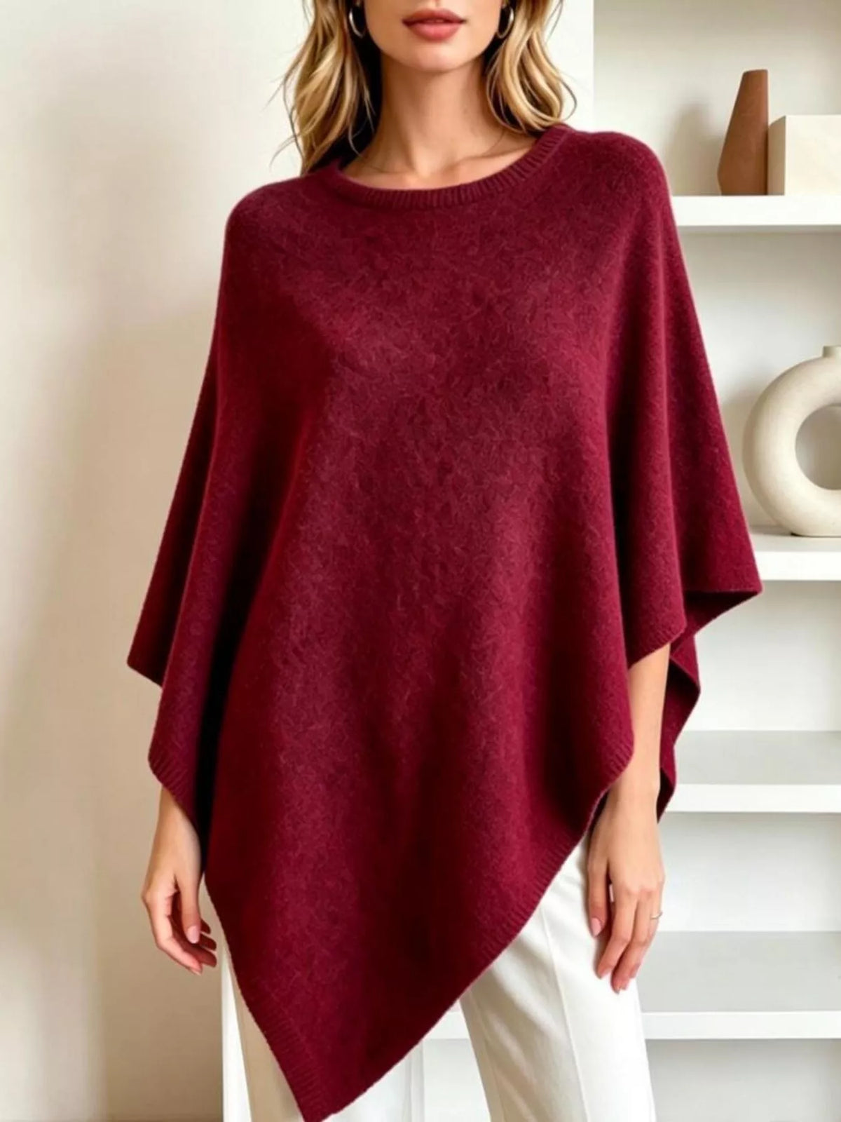 Asymmetrical Hem Knit Poncho - Lilixa.store