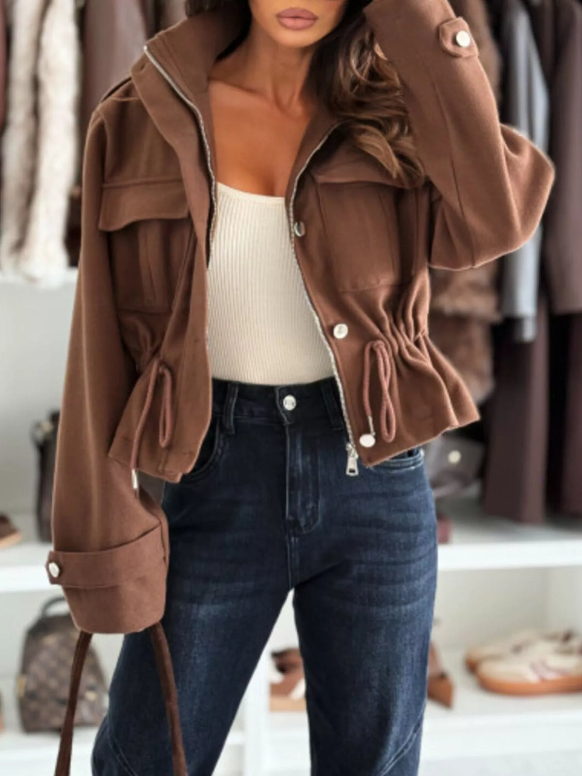 Drawstring Button-Up Casual Jacket in Brown