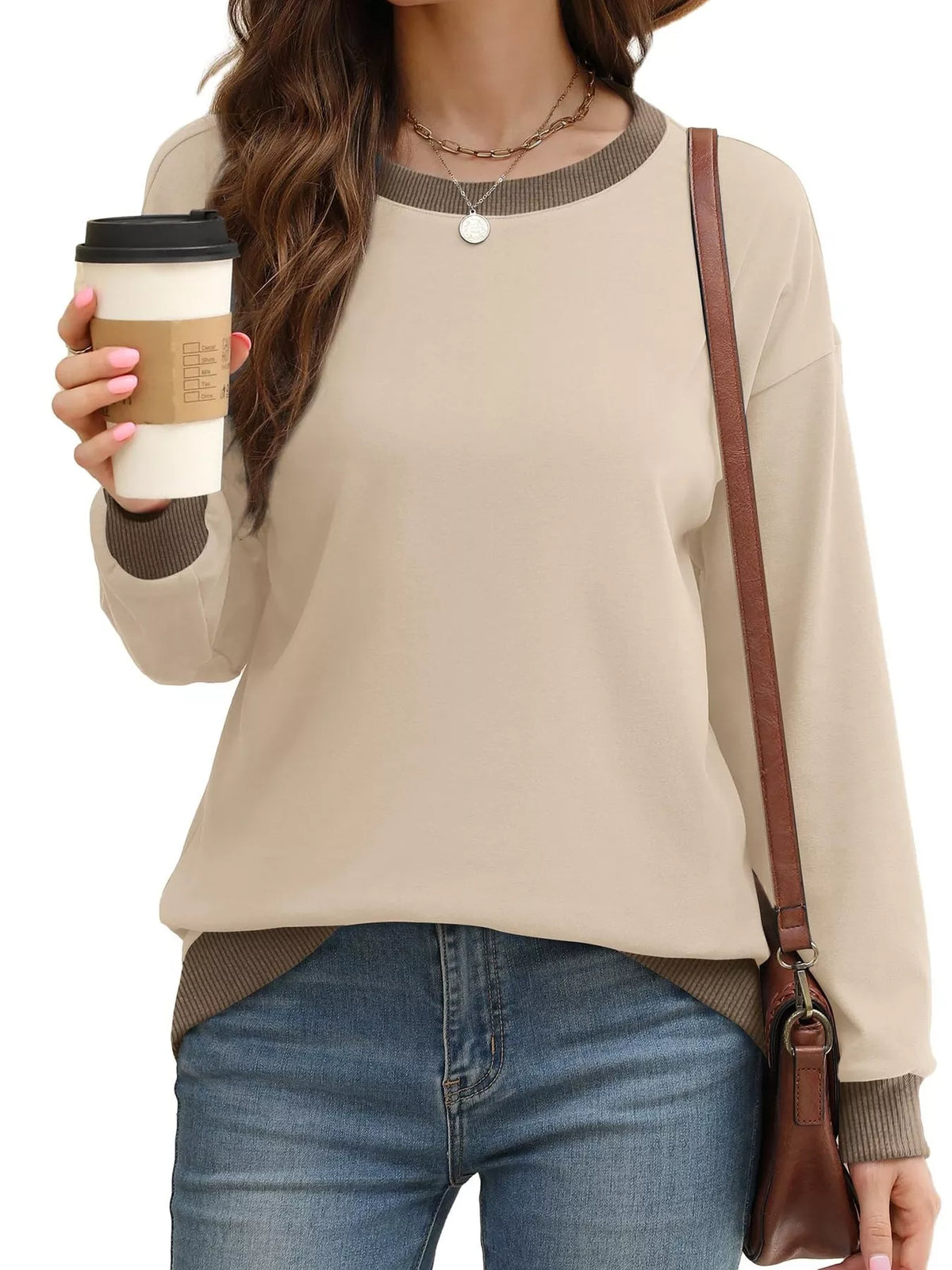 Contrast Trim Crew Neck Casual Sweatshirt - Lilixa.store