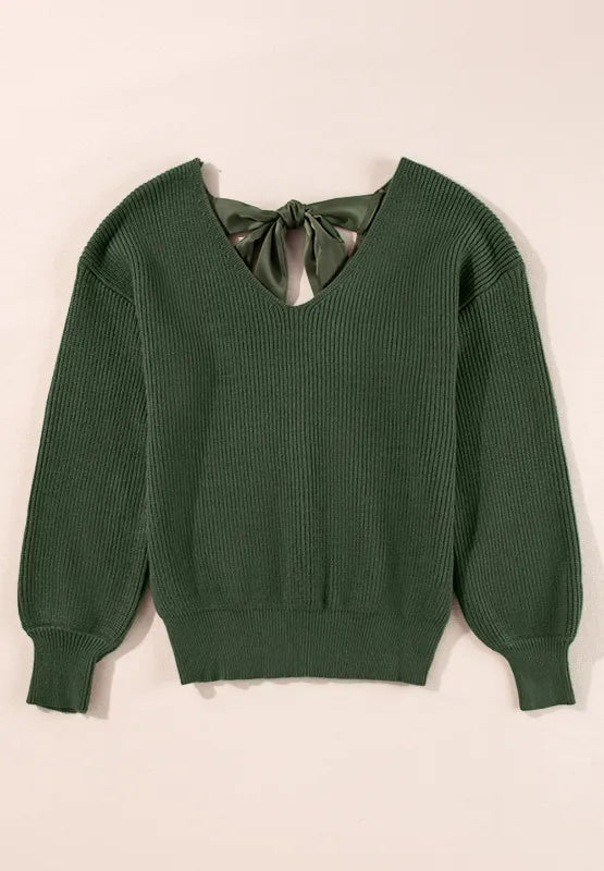 Tied Back V-Neck Long Sleeve Sweater - Lilixa.store
