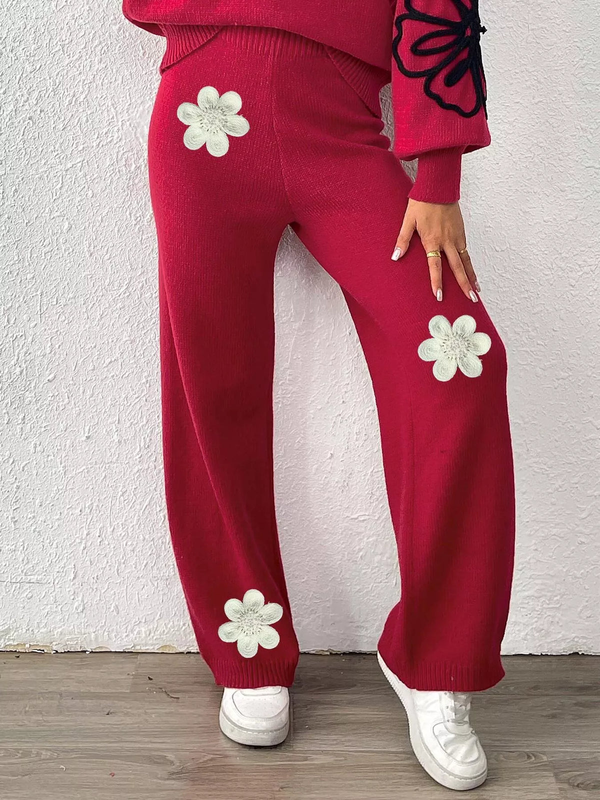 High-Waisted Wide-Leg Sweater Pants with Floral Beaded Decor, view 7