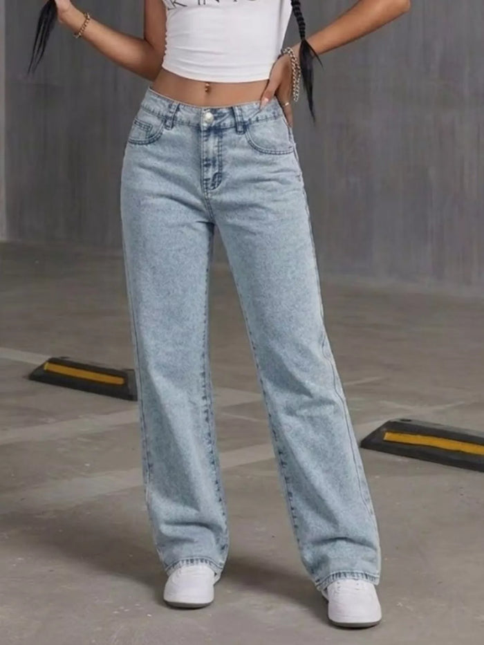 High-Waisted Acid Wash Straight Leg Jeans in Light Blue