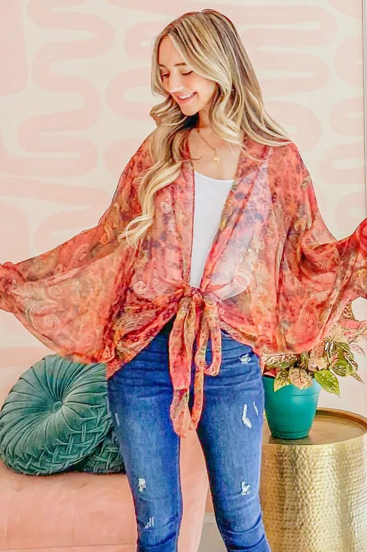 And The Why Front Tie Knot Oversized Print Top - Lilixa.store