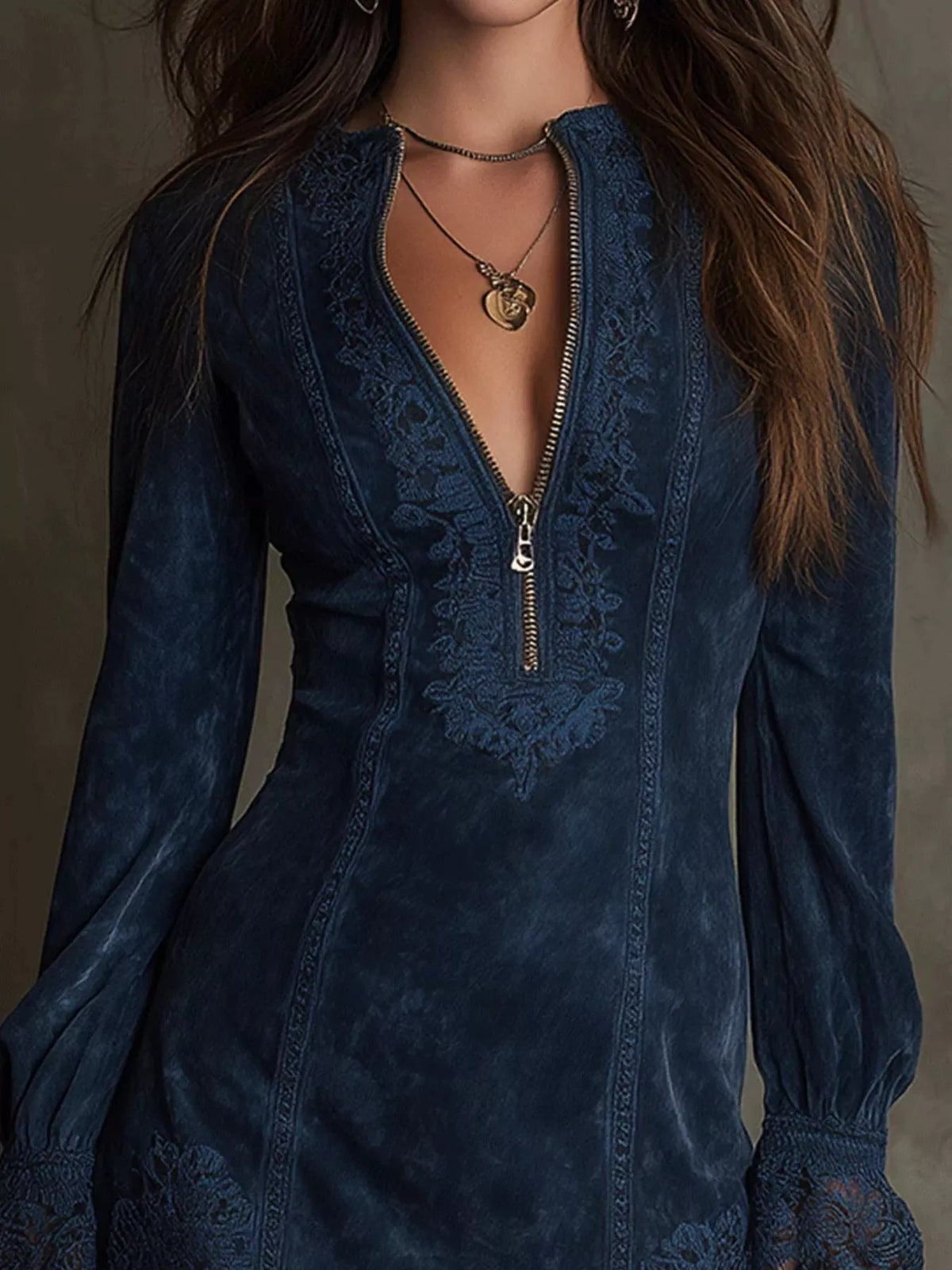 Full Size Zip-Front Long Sleeve Mini Dress Plus Size - Lilixa.store