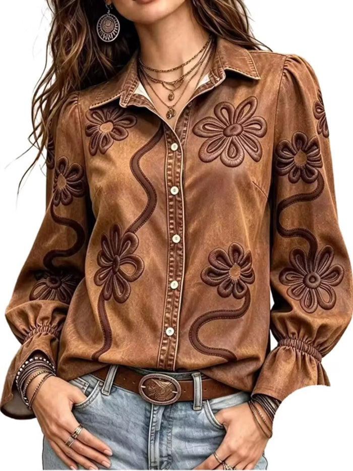 Full Size Denim Lock Floral Embroidered Shirt Plus Size in Caramel