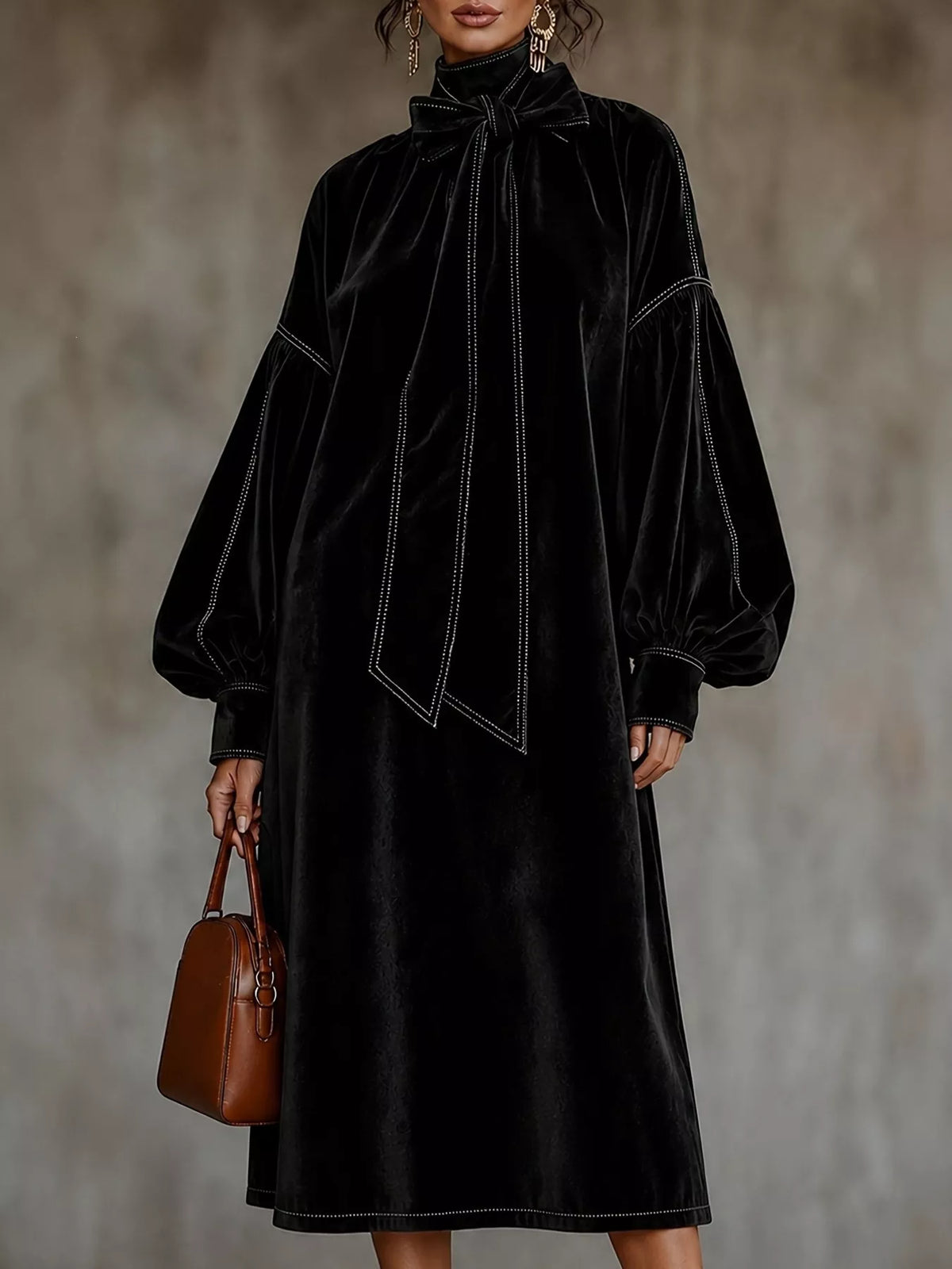 Full Size Velvet Tie-Neck Lantern Sleeve Midi Dress Plus Size