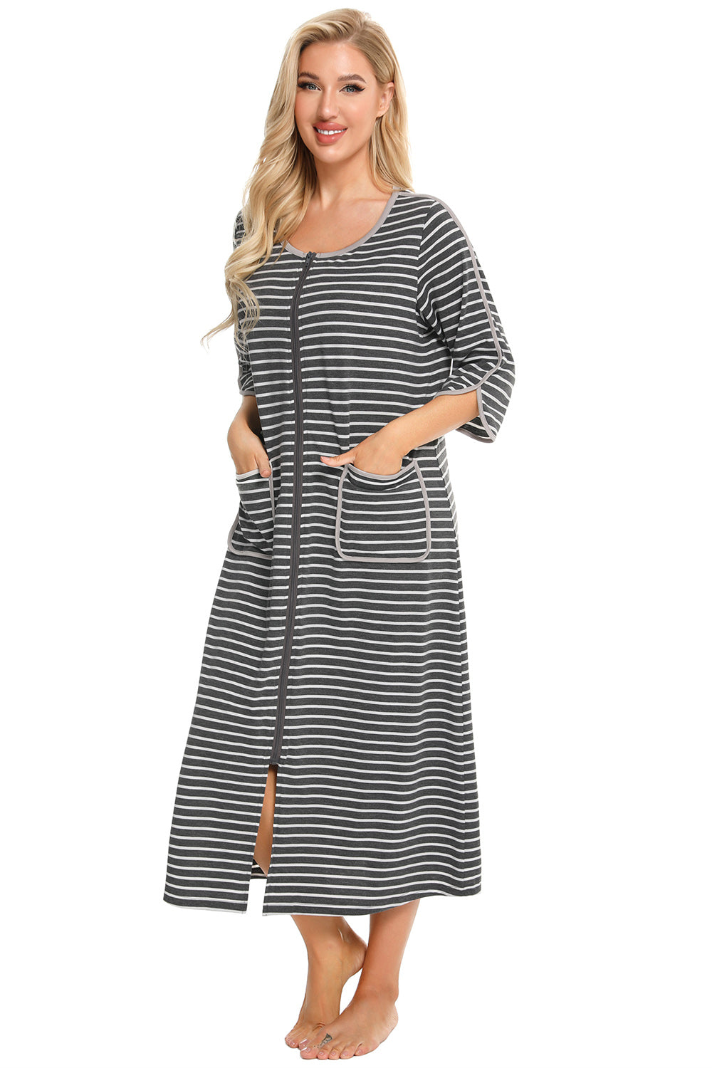 Round Neck Three-Quarter Sleeve Midi Night Dress - Lilixa.store