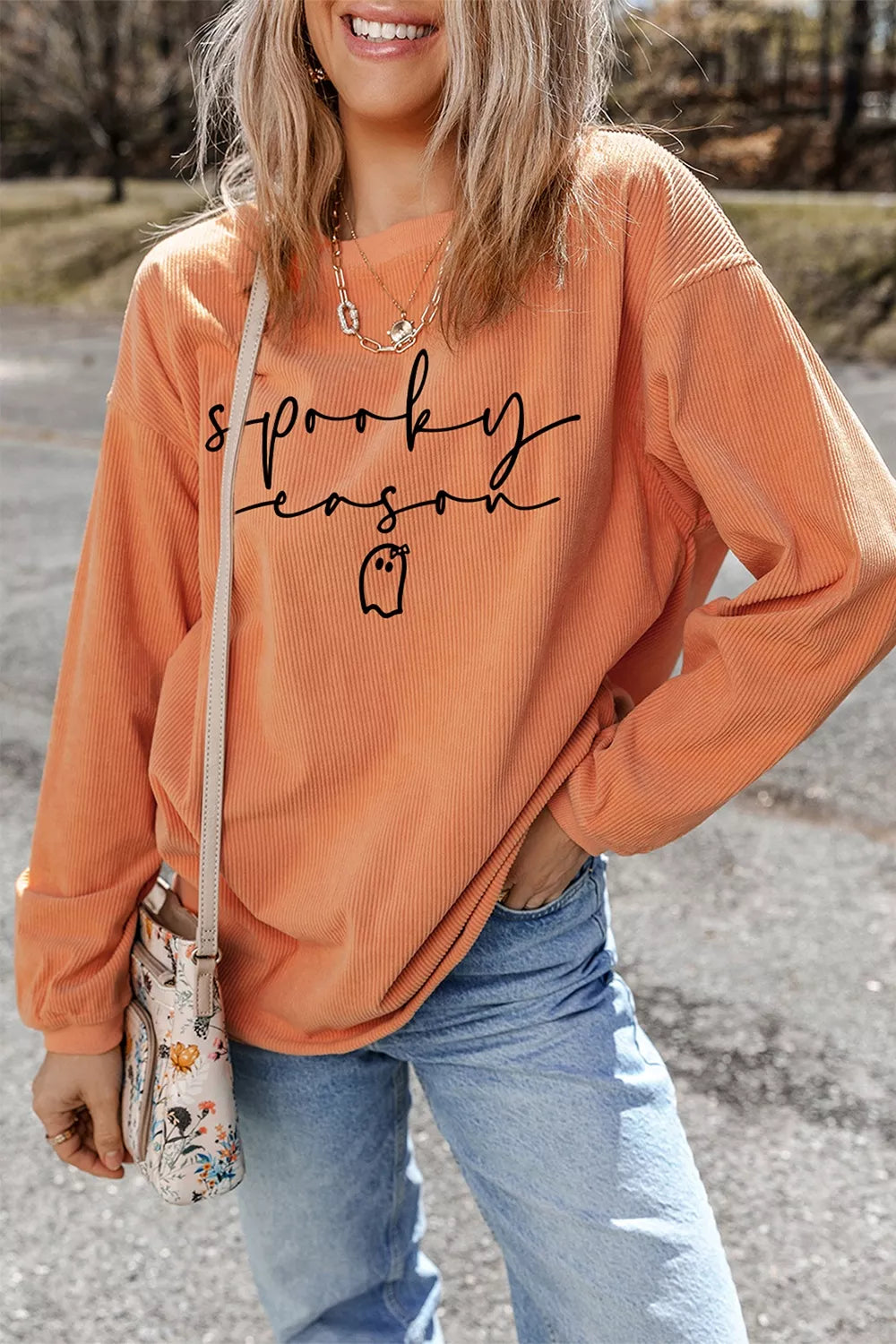 Spooky Season Ghost Letter Cozy Ribbed Pullover Sweatshirt in Sherbet